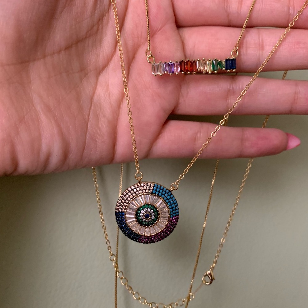 Baguette rainbow CZ evil eye gold necklace - Picture 5 of 6